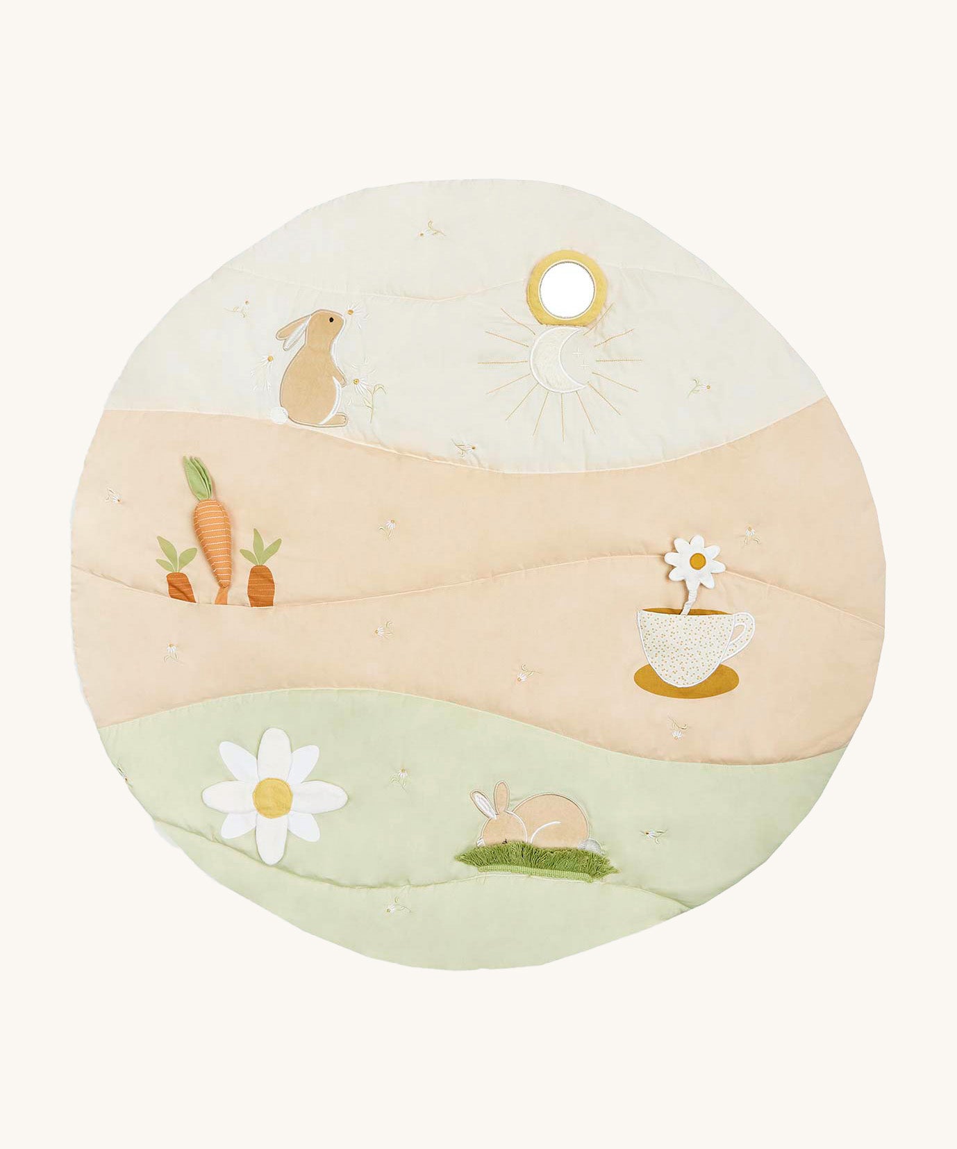 A wild chamomile Avery Row activity play mat with a rabbit, carrot a teacup and flower on top of the play mat on a cream background.