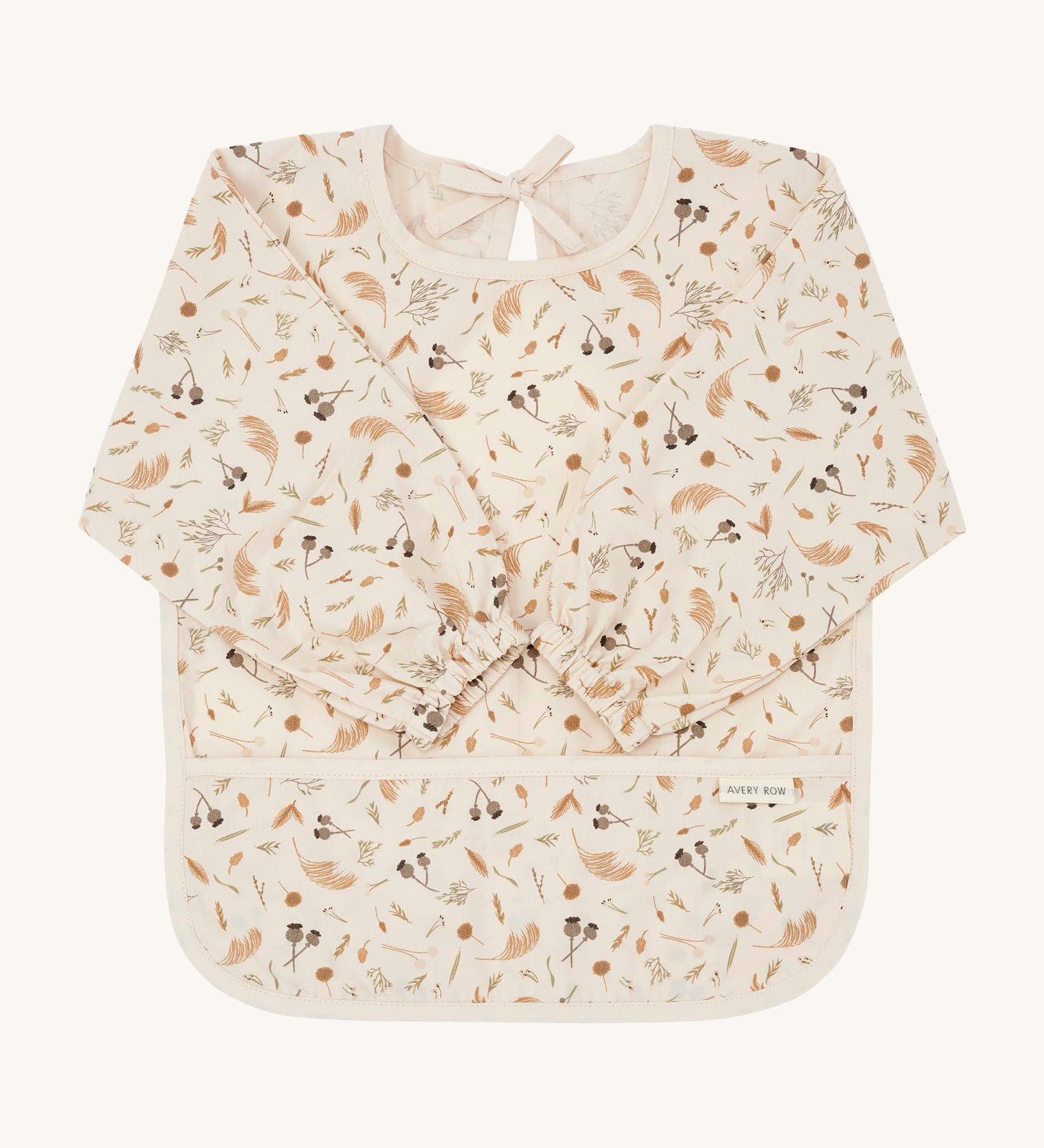 A light cream Avery Row long sleeve  baby bib with a grassland design on a cream background.