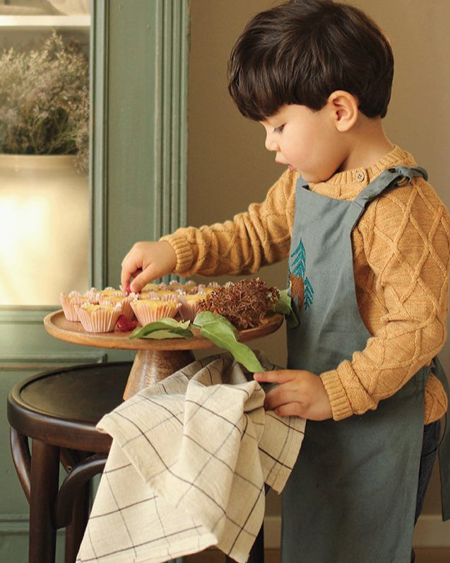 Avery Row Kid's Apron - Forest Bear. A beautiful blue cotton canvas apron with a detailed