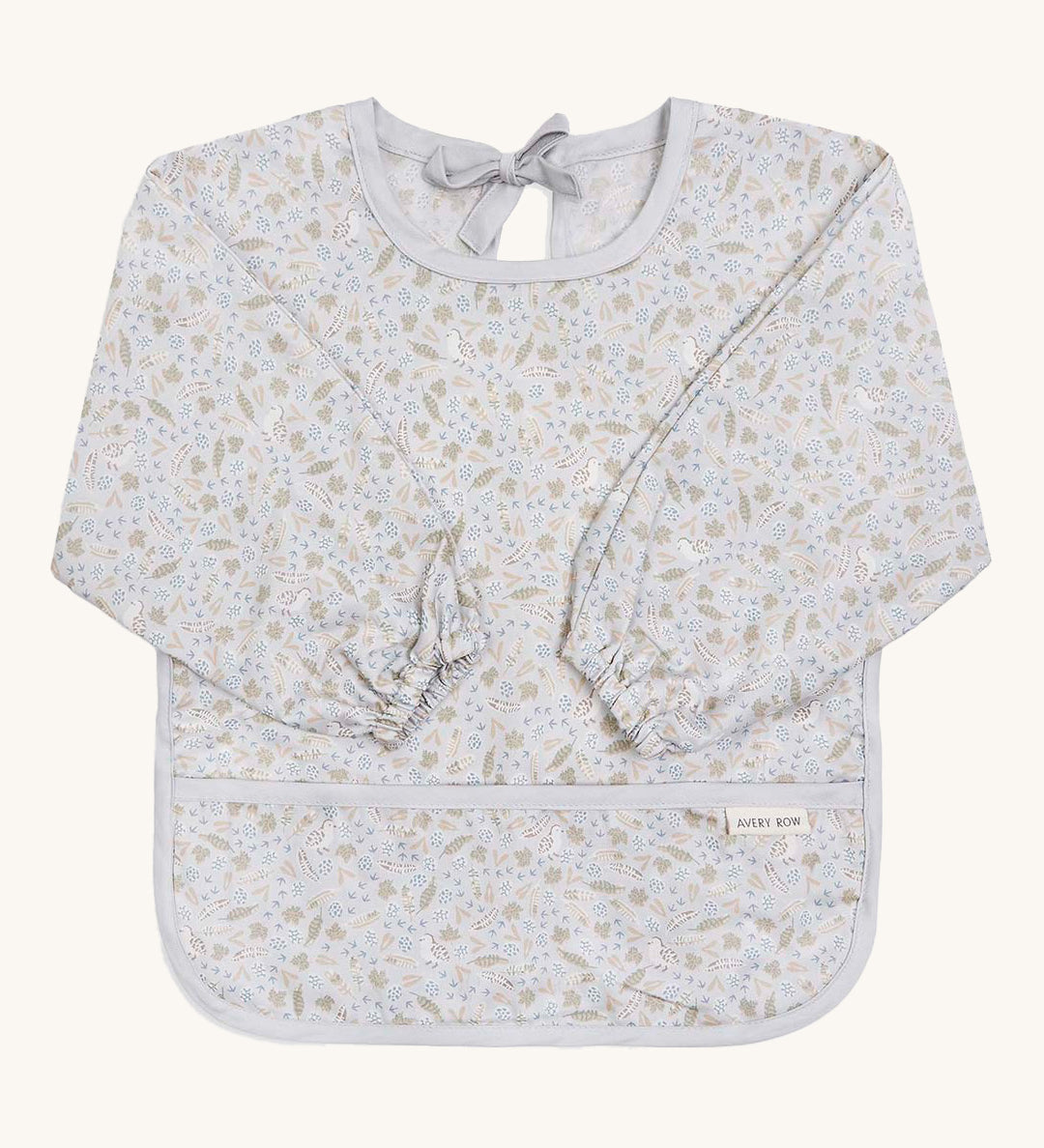 A light blue coloured Avery Row long sleeve bib with a nature design on s cream background.