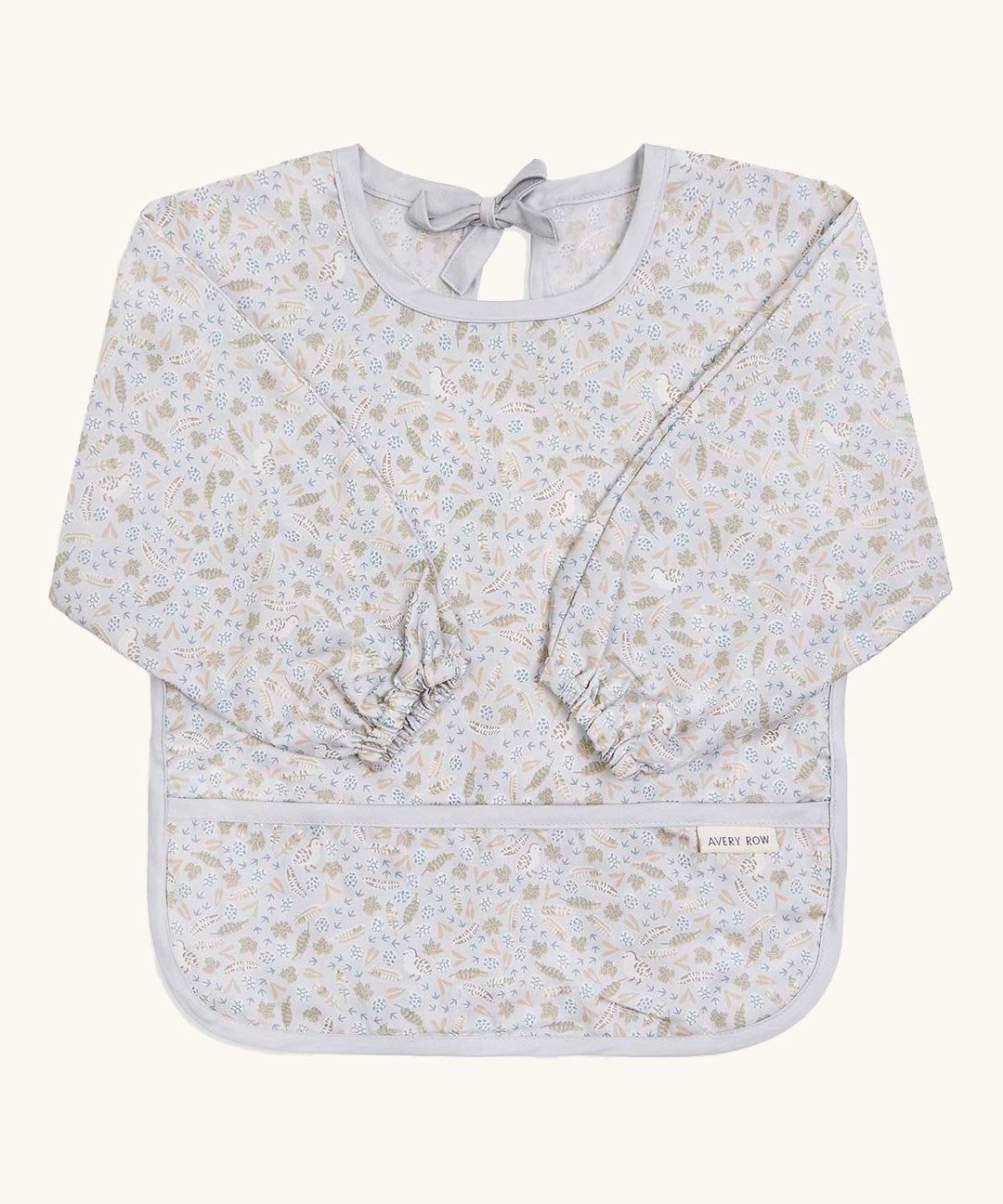 A light blue coloured Avery Row long sleeve bib with a nature design on s cream background.