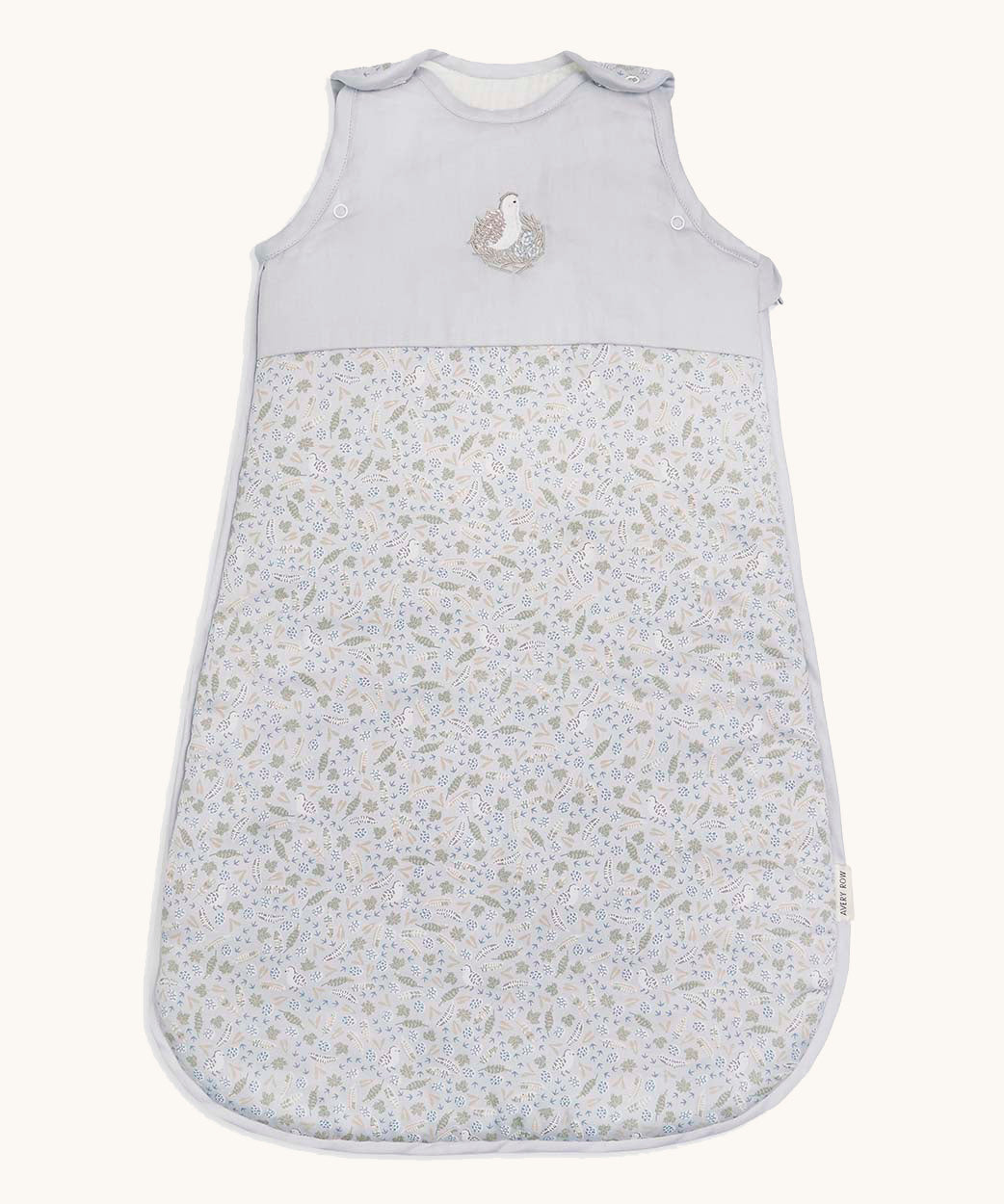 A light blue Avery row baby sleeping bag with a nature trails design on the front.