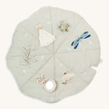 A soft light green Avery Row activity mat with a duck, dragonfly, frog, otter and flower on top of the mat on a cream background.