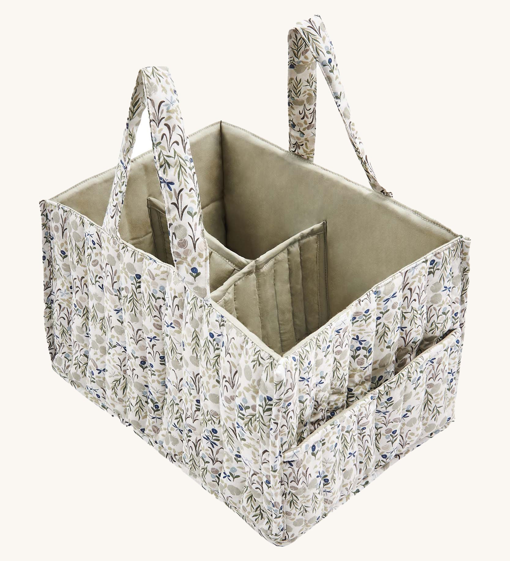 A soft Avery Row nappy caddy organiser with a flower design on a cream background.