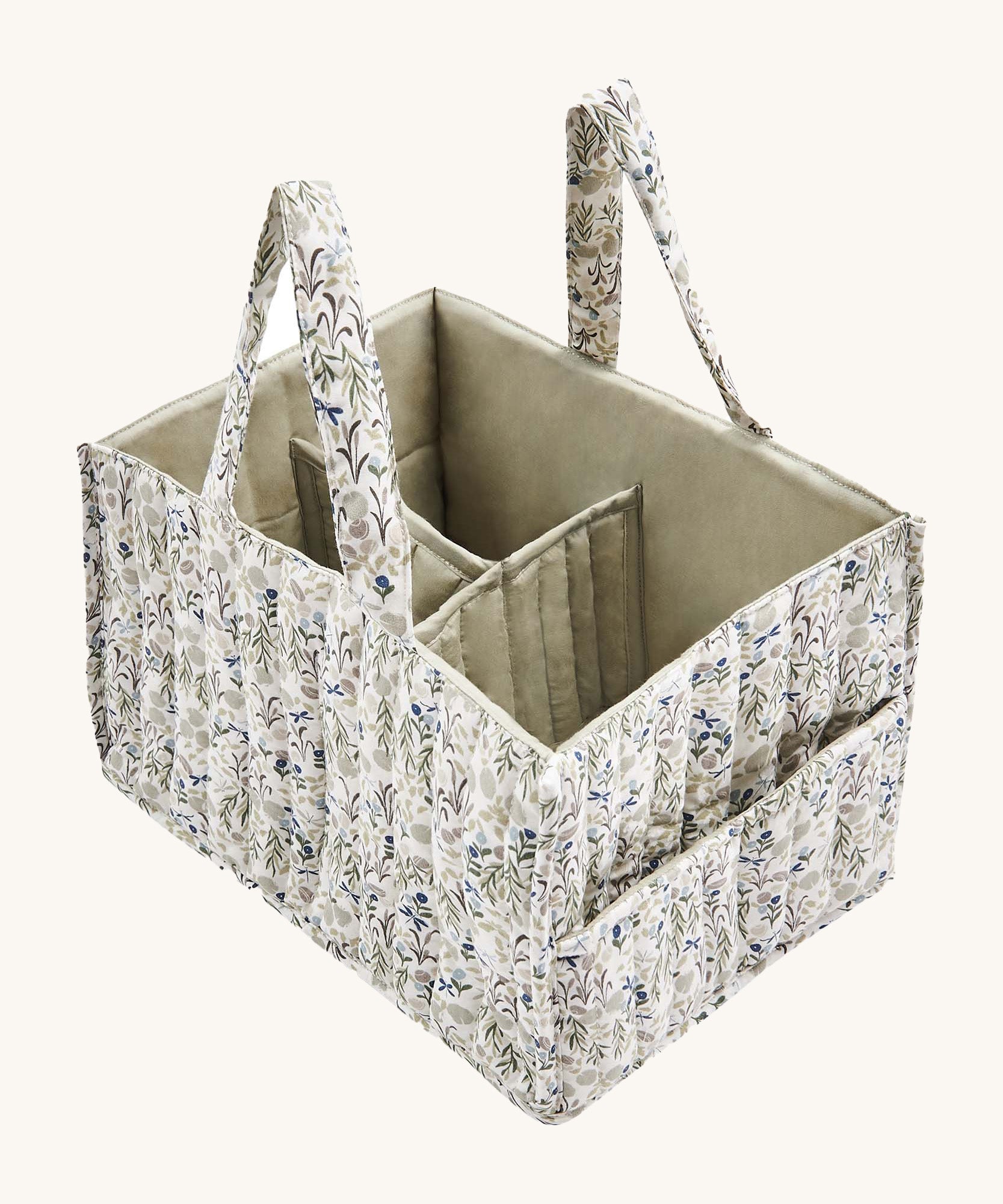 A soft Avery Row nappy caddy organiser with a flower design on a cream background.