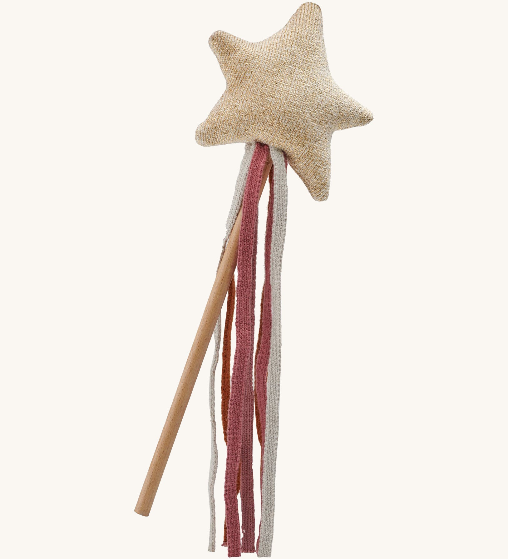 A soft beige Avery row star on a wooden stick and soft fabric strands on a cream background.