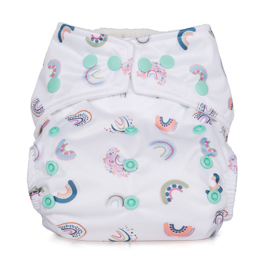 Picture of the white rainbow design one size nappy. Picture background is white.