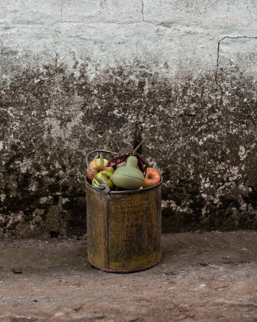 Metal bucket full of real fruit and a Babai sustainable wooden pear toy on the top