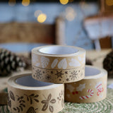 Close up of the Babipur brown kraft eco paper tape in the Autumn leaf and festive prints