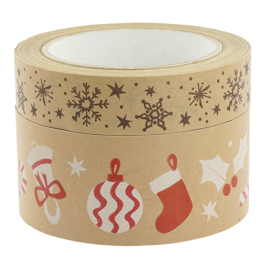 Babipur kraft eco paper tape in the snowflake and Christmas decorations prints stacked on a white background