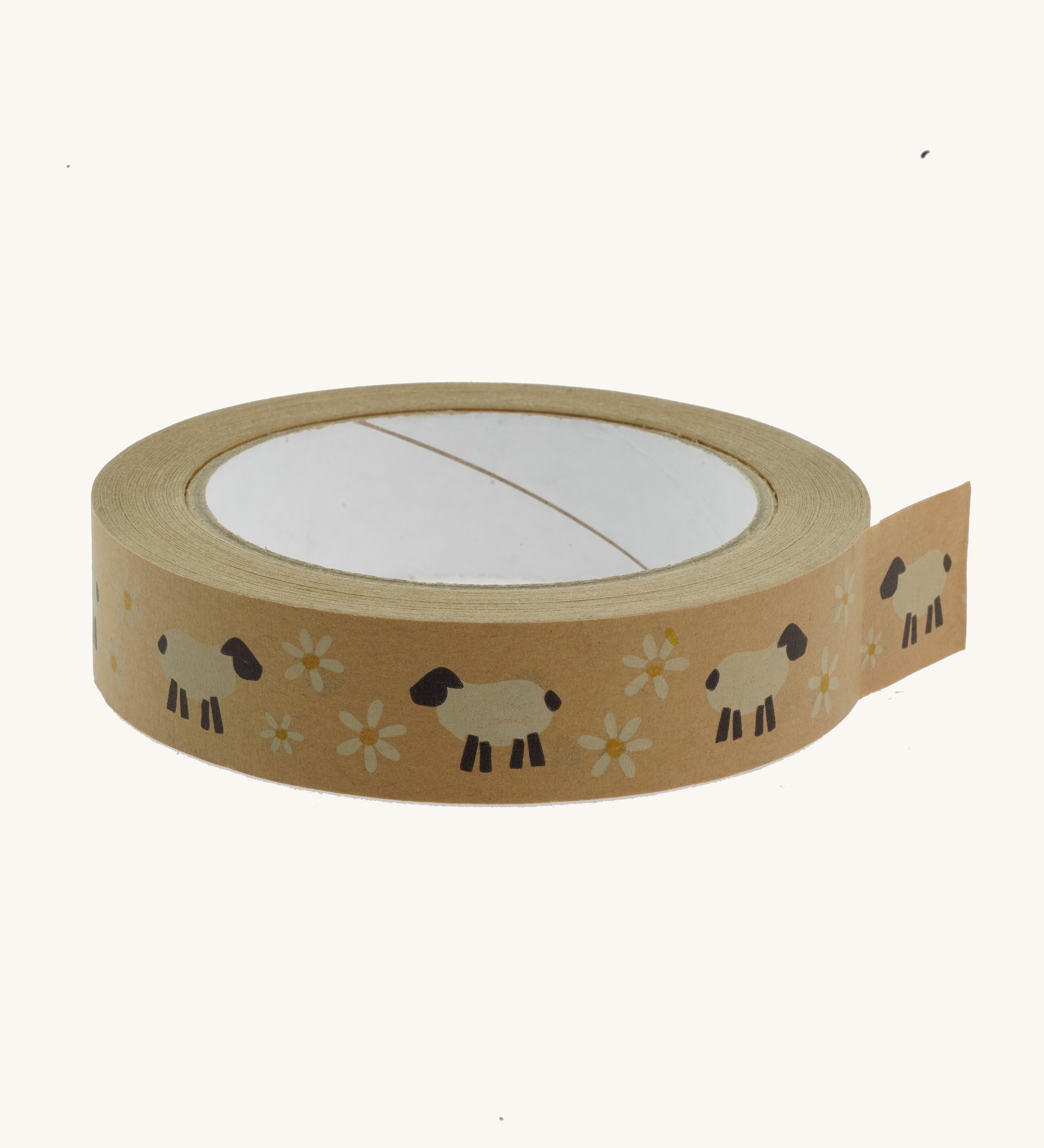 A roll of Babipur eco paper craft tape in brown with a sheep and daisies print.