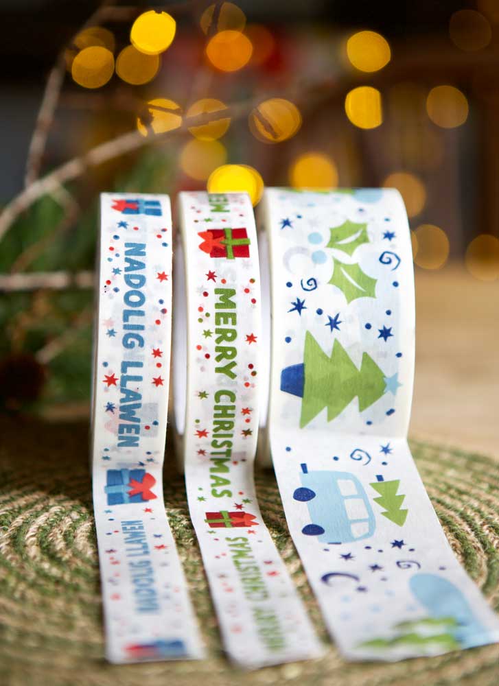 Christmas camper parcel tape and Welsh Nadolig Llawen designs