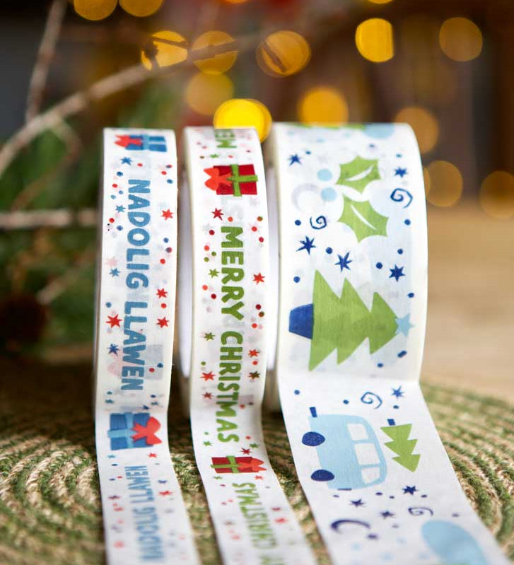 Christmas camper parcel tape and Welsh Nadolig Llawen designs