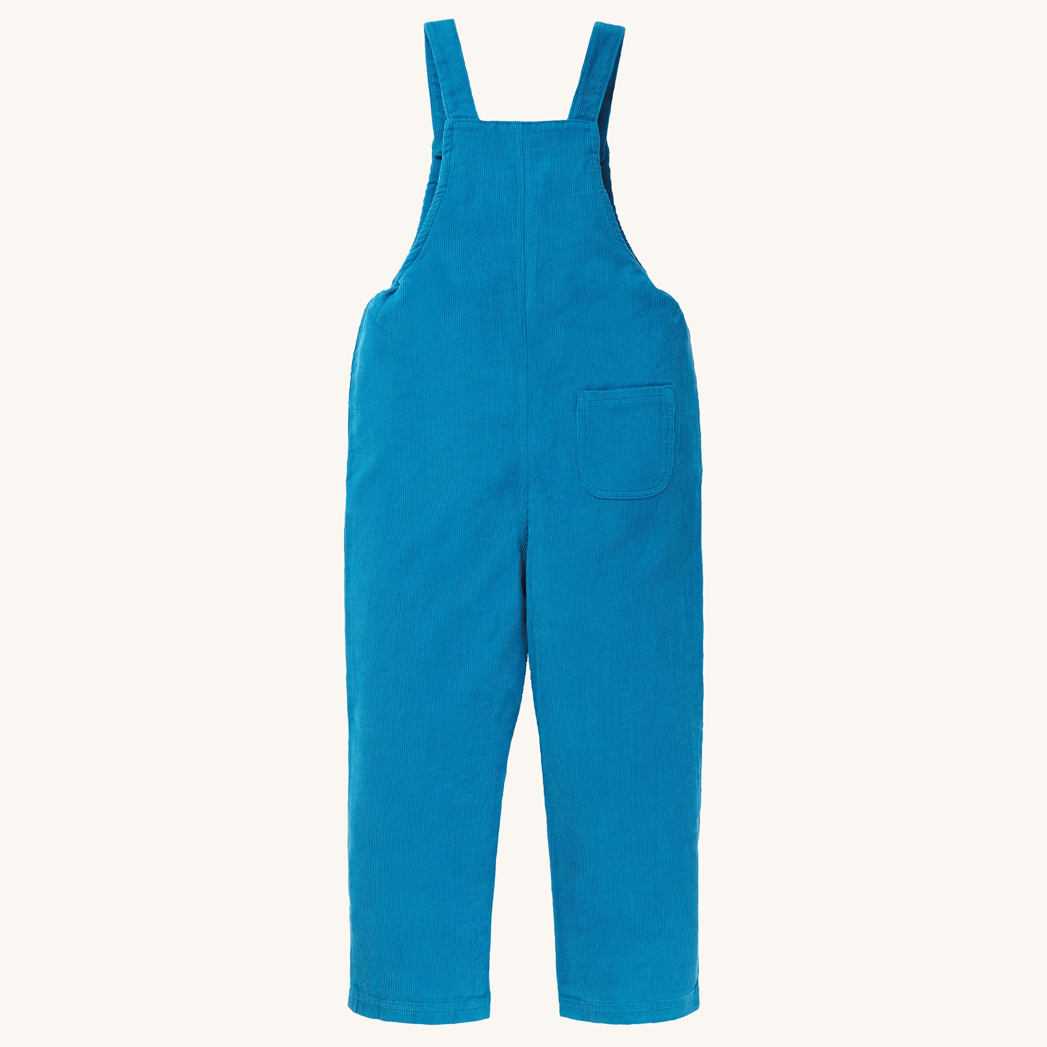  The back of the Frugi Babipur blue cord dungarees on a cream background