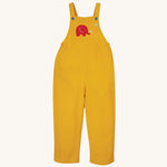 Babipur X Frugi gold organic cotton pluto cord dungarees on a white background