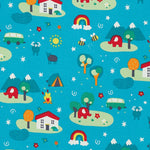 A close up of the Frugi x Babipur organic cotton bryher top pattern in the exclusive tobermory camp out colour with colourful suns