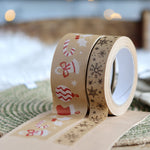 Close up of the Babipur eco kraft paper tapes in the snowflake and Christmas decorations prints