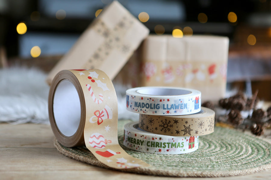 Christmas camper wide parcel tape and Welsh Nadolig Llawen design