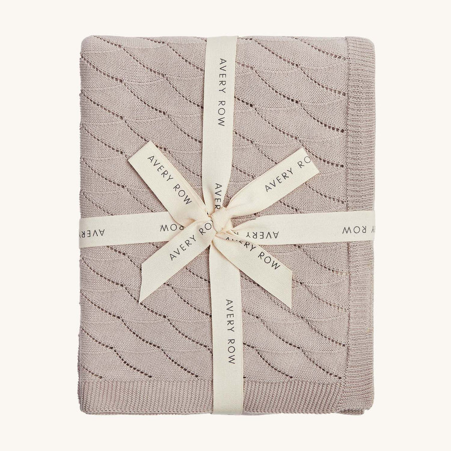 Avery Row Wave Kit Baby Blanket - Mist. A beautiful and delicate wave knit patterned blanket in a light grey colour