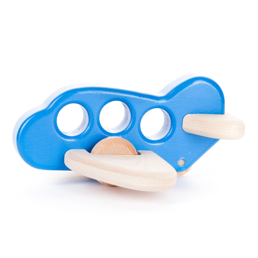 Bajo children's handmade blue wooden plane toy on a white background