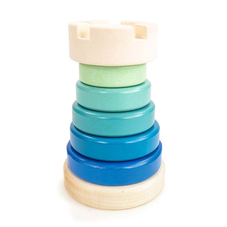 The Bajo Rook tower is a toddler stacking toy resembling the Rook chess piece