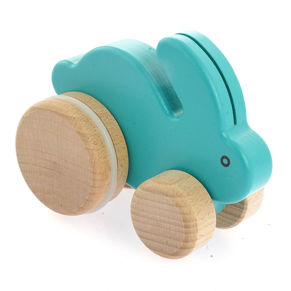 Bajo children's wooden push along bunny toy in the light blue colour on a white background