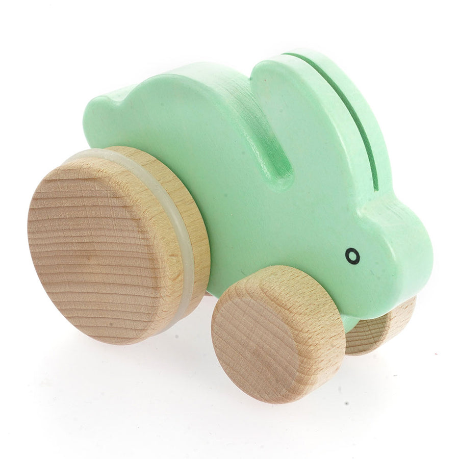 Bajo children's wooden push along bunny toy in the mint colour on a white background