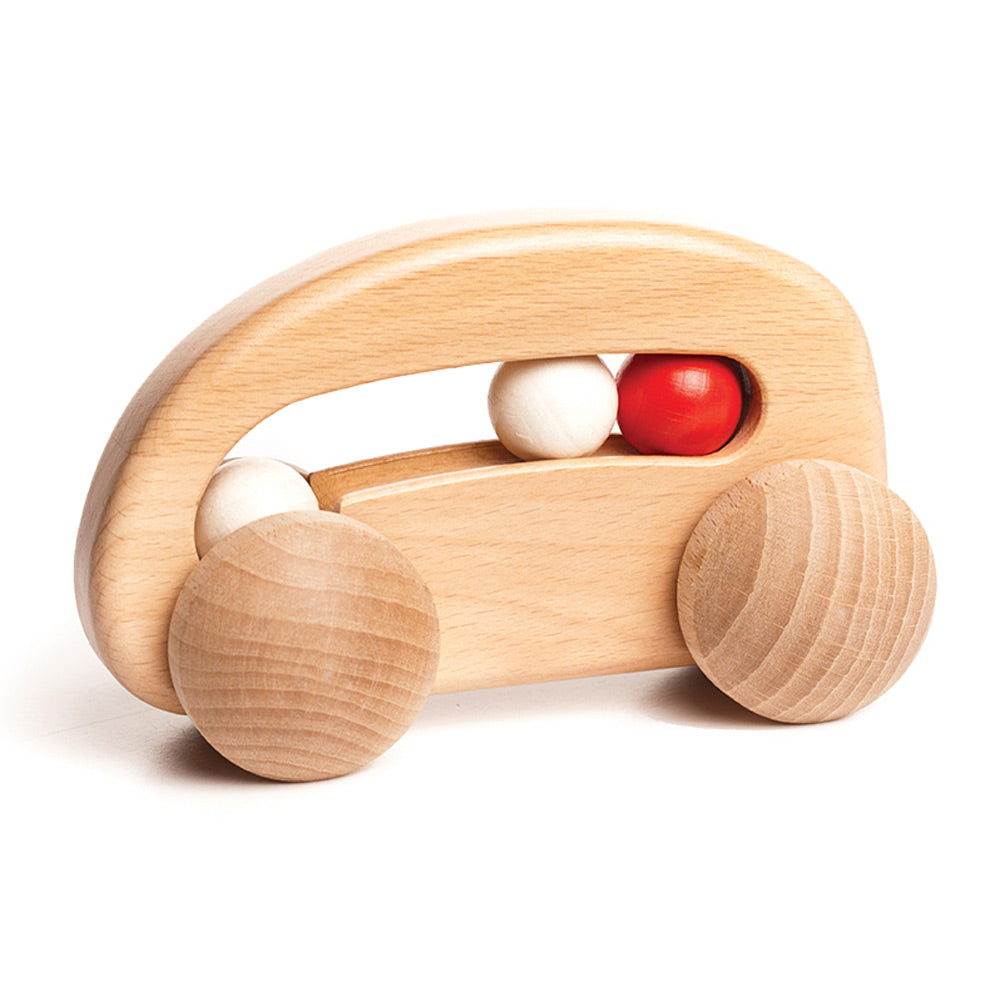 Bajo children's natural wooden car toy with rattle beads on a white background