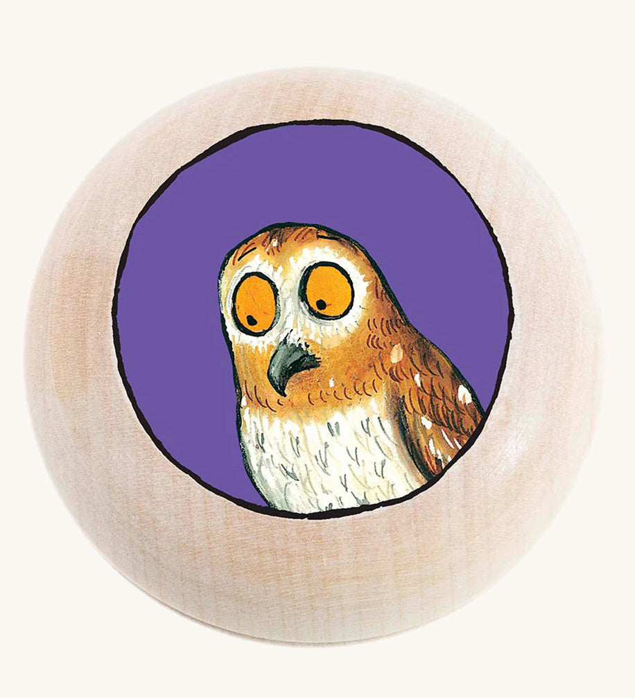 Bajo Gruffalo children's wooden owl magnet on a cream background