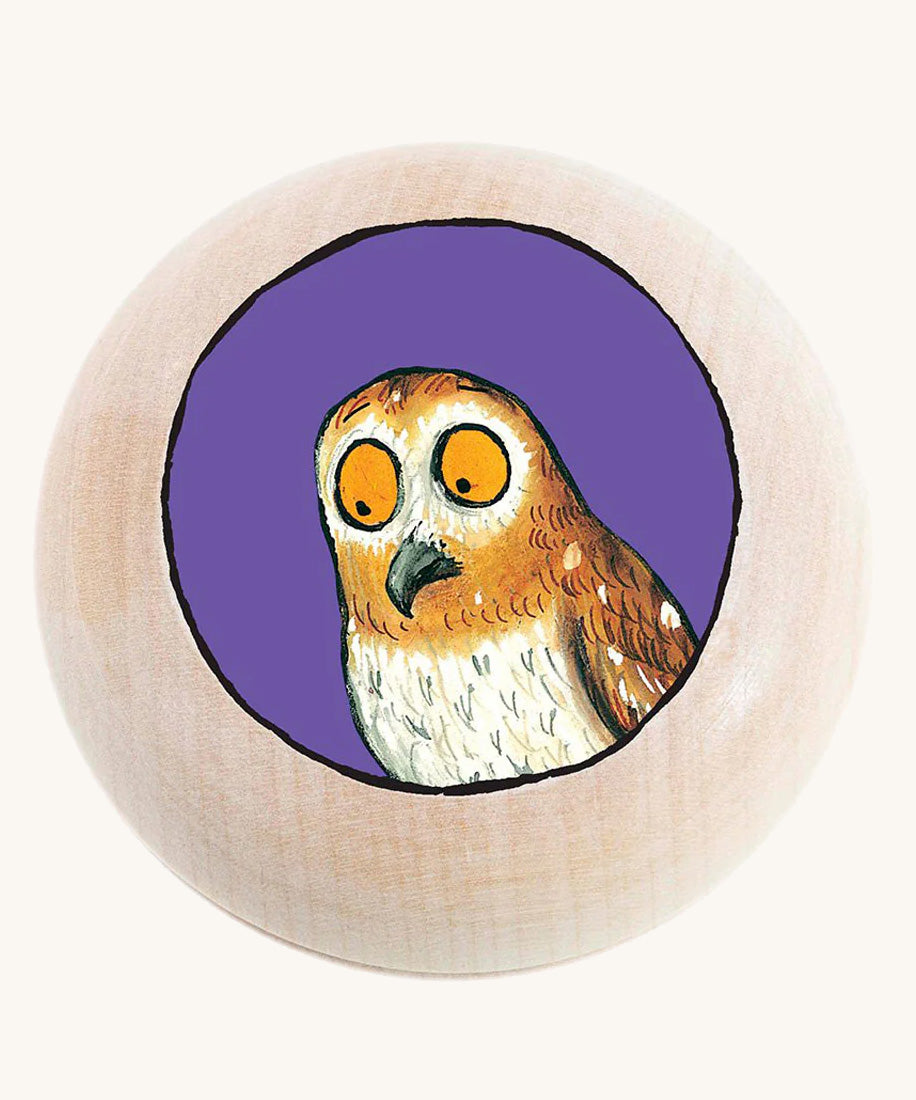 Bajo Gruffalo children's wooden owl magnet on a cream background