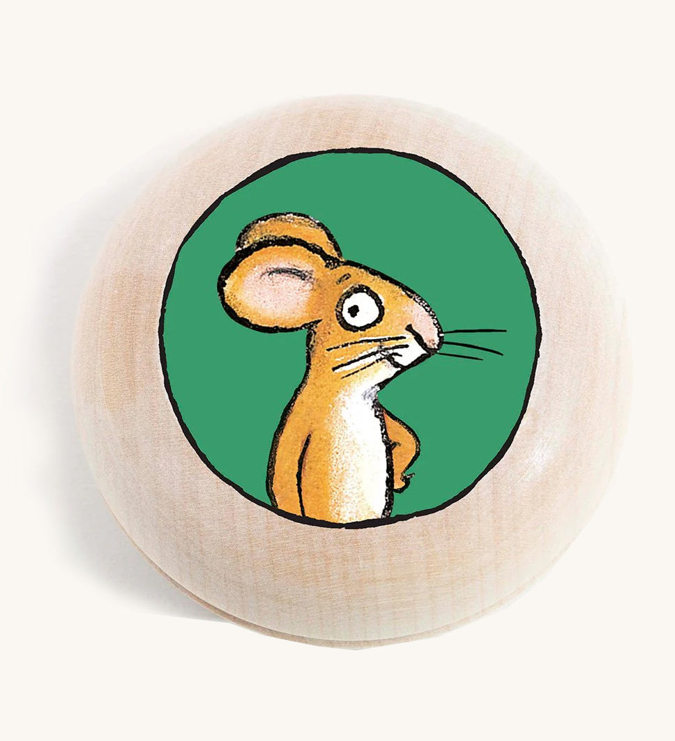 a wooden gruffalo mouse character magnet on a cream background