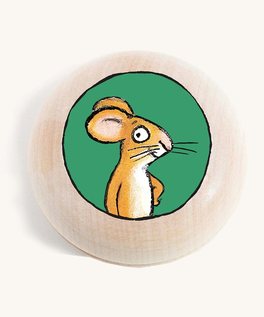 a wooden gruffalo mouse character magnet on a cream background