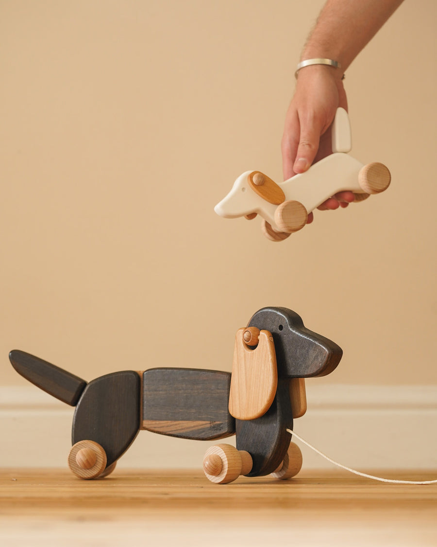 Hand holding a Bajo wooden dachshund puppy above a pull along dachshund toy on a wooden floor