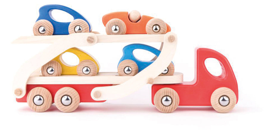 Bajo childrens wooden transporter truck on a white background carrying blue