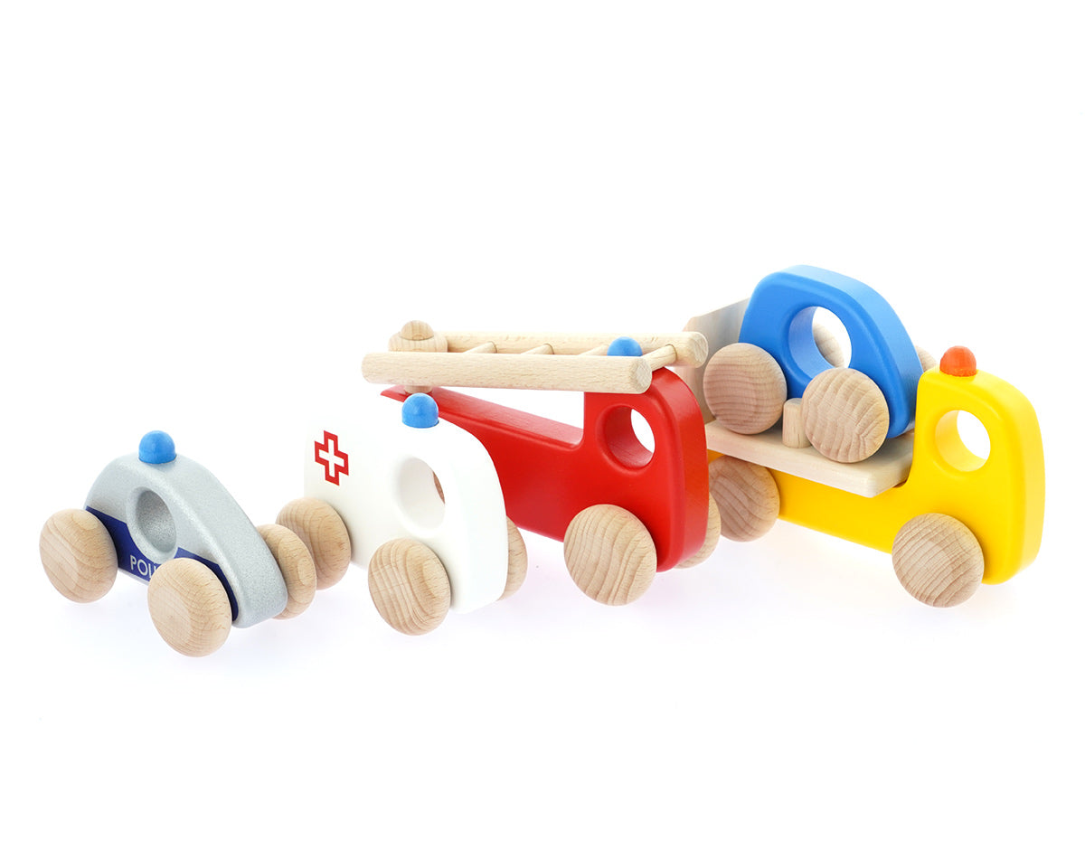 Bajo eco-friendly wooden emergency vehicle set on a white background