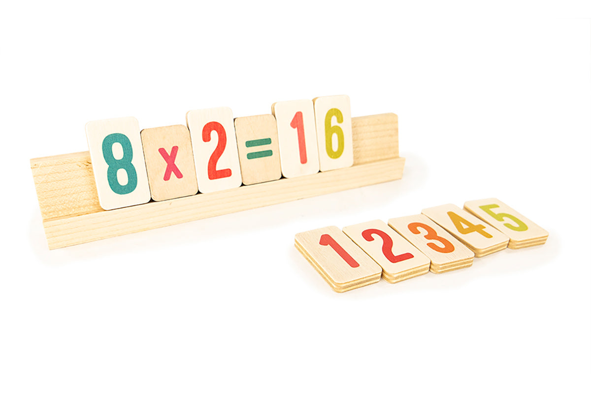 Bajo sustainable wooden maths learning set set out in a maths equation on a white background