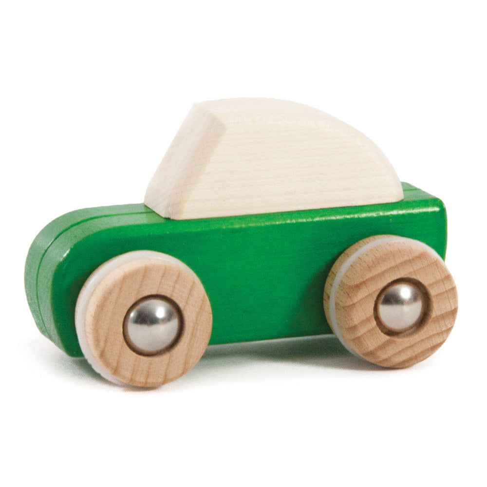 Bajo kids green handmade wooden pull back car toy on a white background