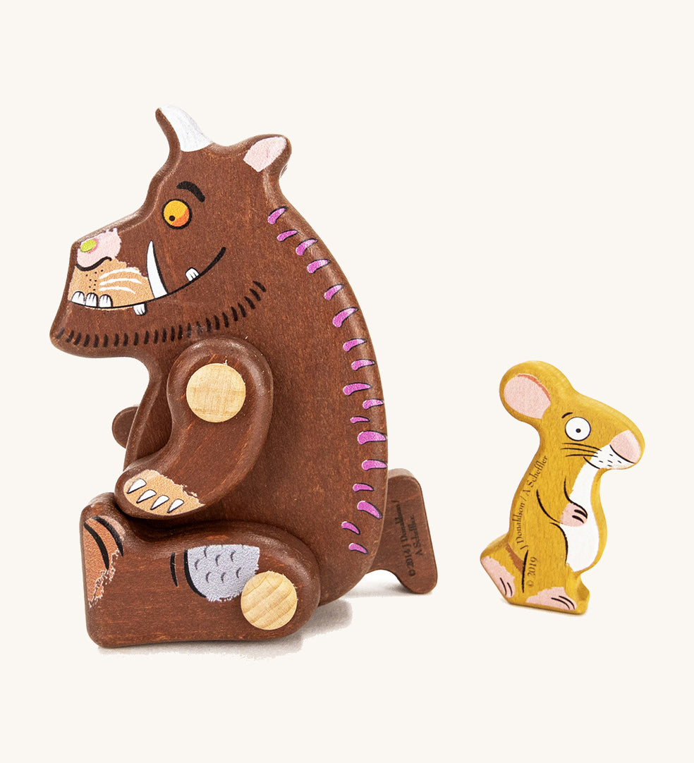 Bajo kid's wooden Gruffalo and mouse toy figures on a cream background