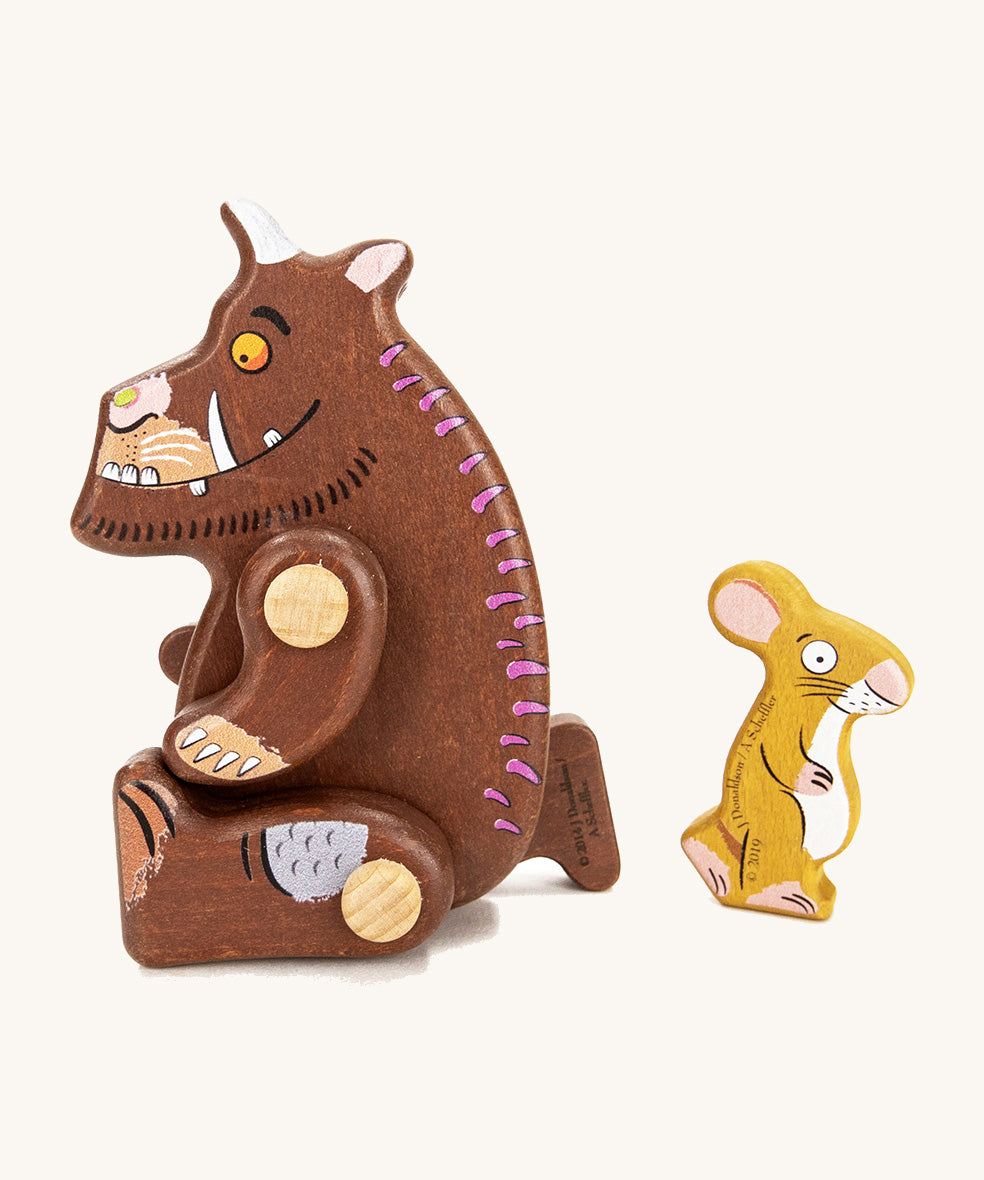 Bajo kid's wooden Gruffalo and mouse toy figures on a cream background