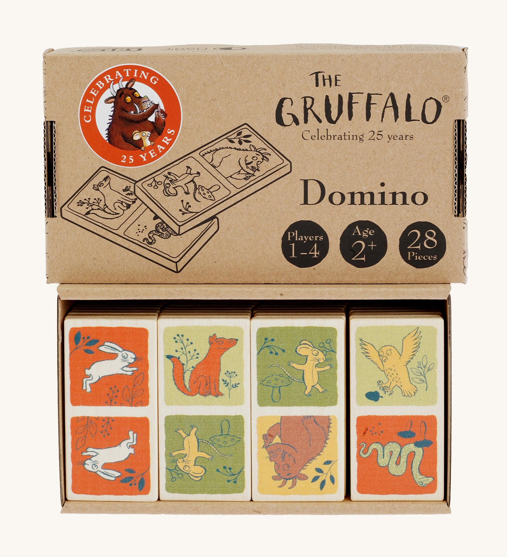 Bajo Wooden Gruffalo Domino Game with the domino's at in the box, and the lid above, on a cream background