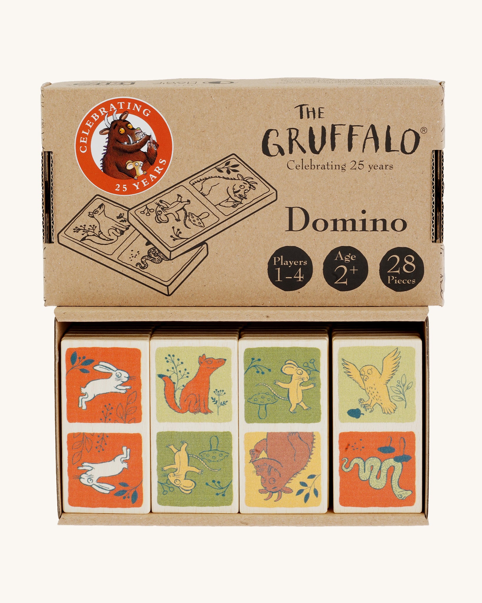 Bajo Wooden Gruffalo Domino Game with the domino's at in the box, and the lid above, on a cream background