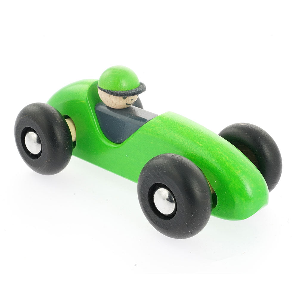 Bajo children's wooden race car toy in the green colour on a white background