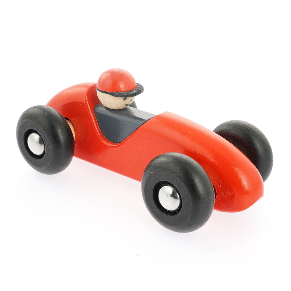 Bajo children's wooden race car toy in the red colour on a white background