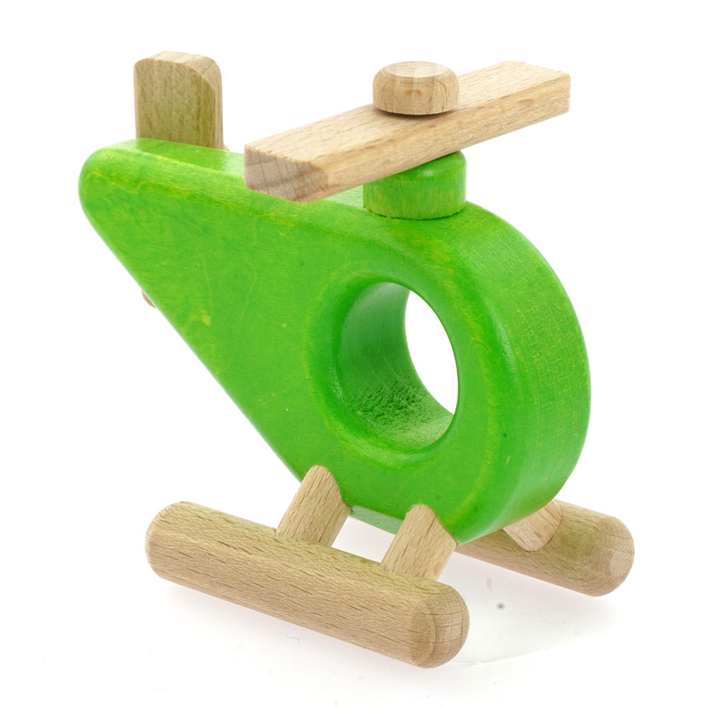 Bajo plastic-free green wooden helicopter toy on a white background