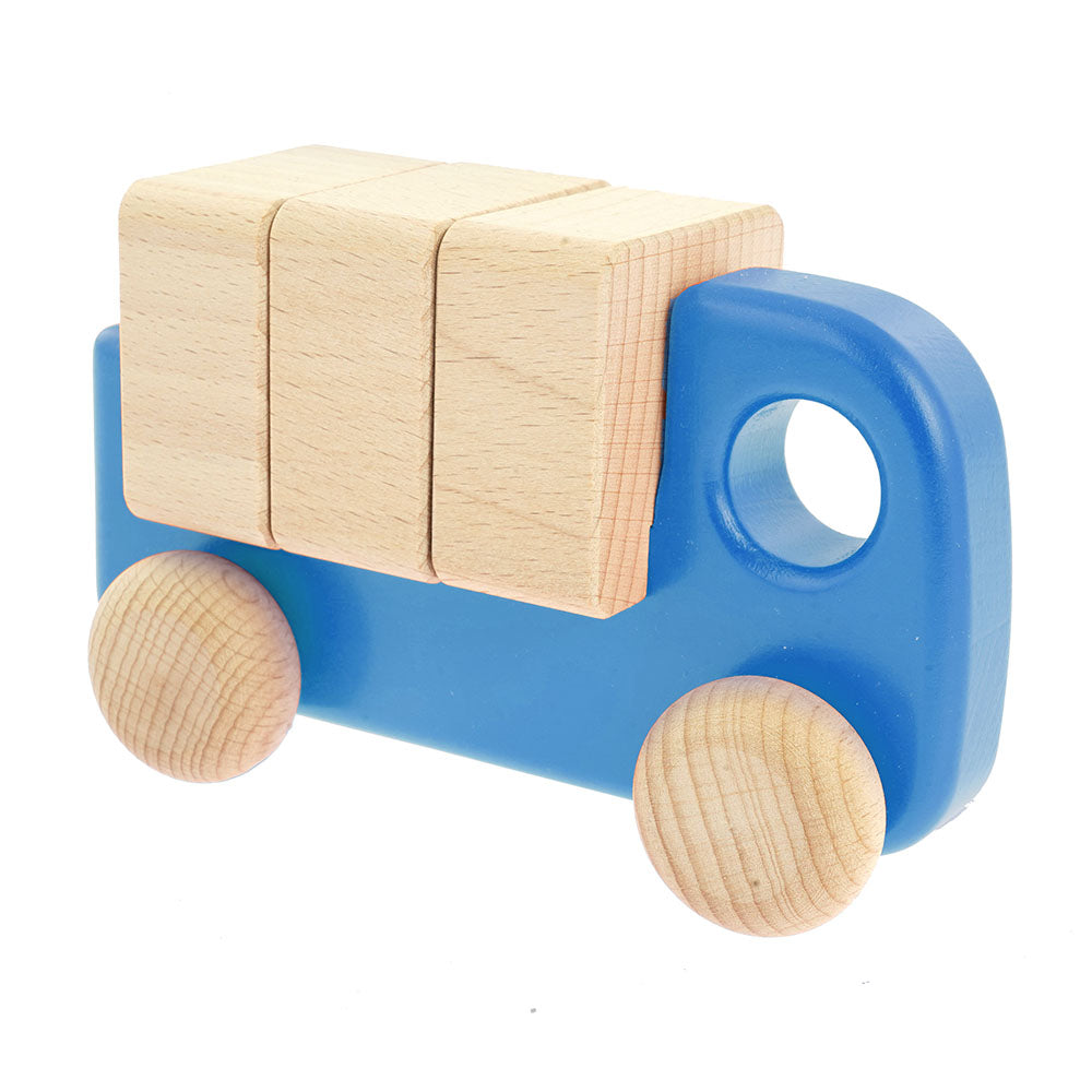 Bajo children's plastic-free wooden truck with blocks toy in the blue colour on a white background