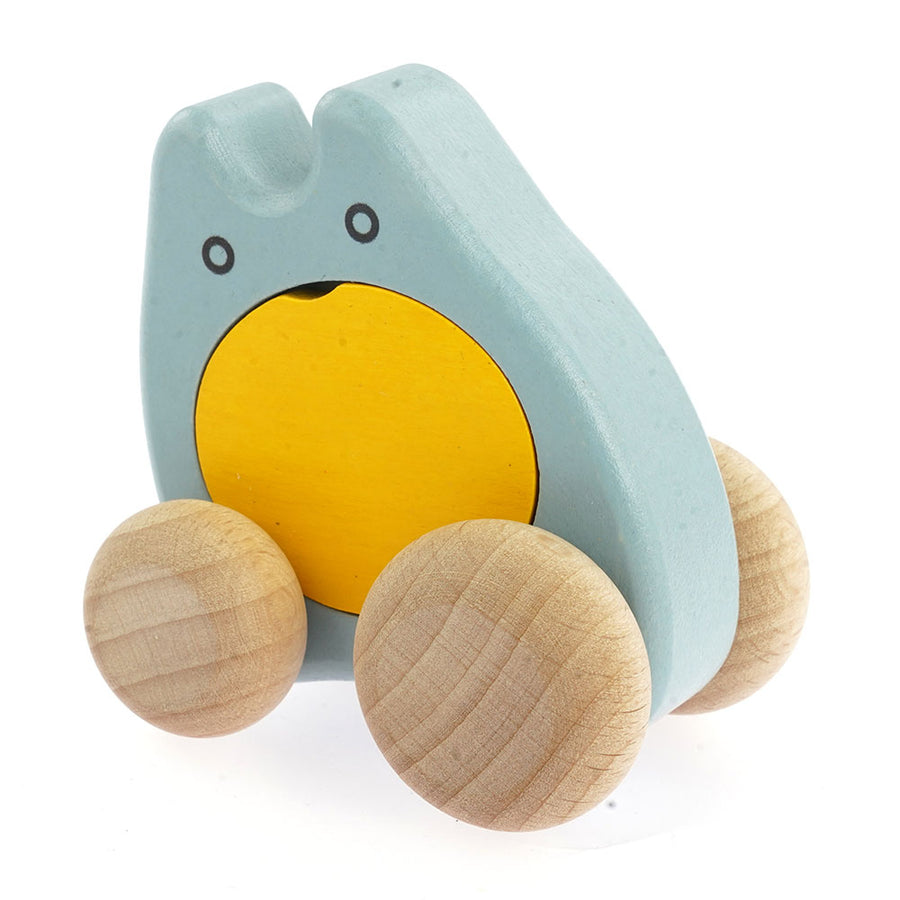 Bajo children's plastic-free wooden push along ghost toy in the blue and yellow colour on a white background