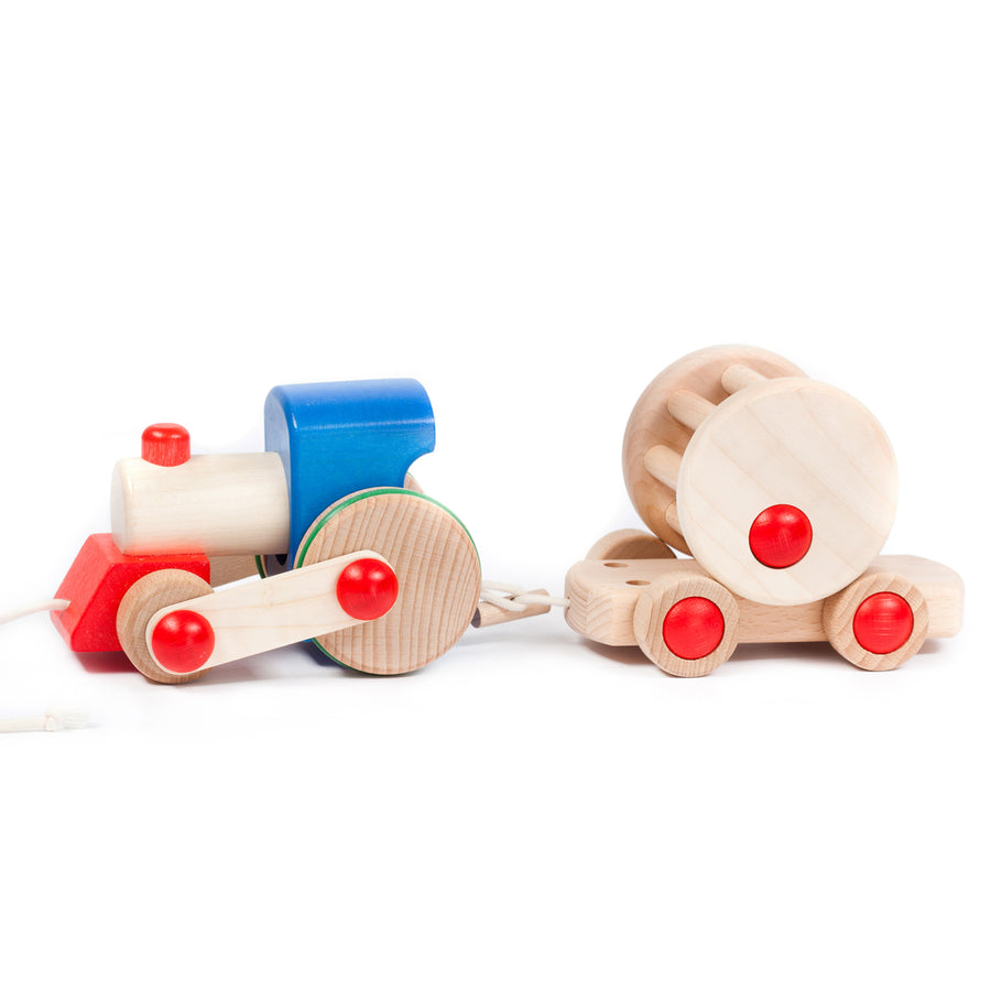 Bajo plastic-free wooden choo choo train toy set on a white background