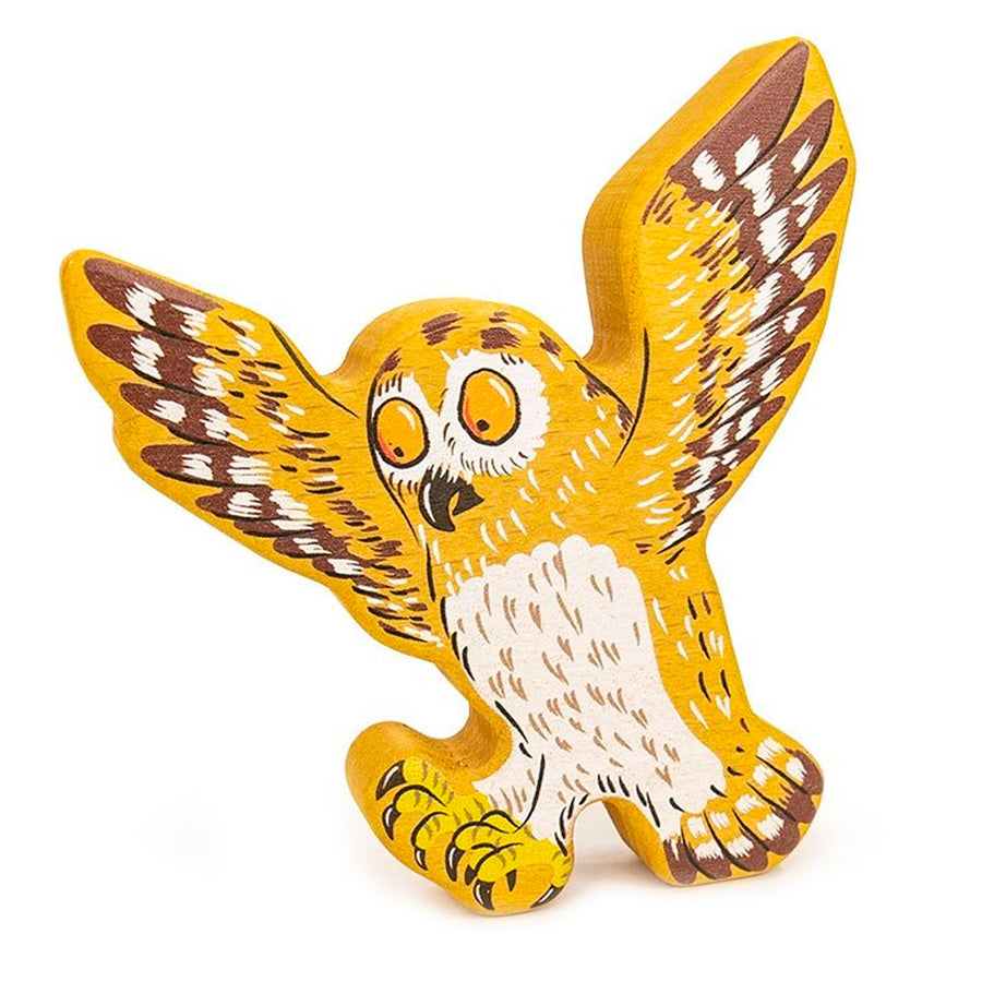 Bajo plastic-free wooden Gruffalo owl figure on a white background