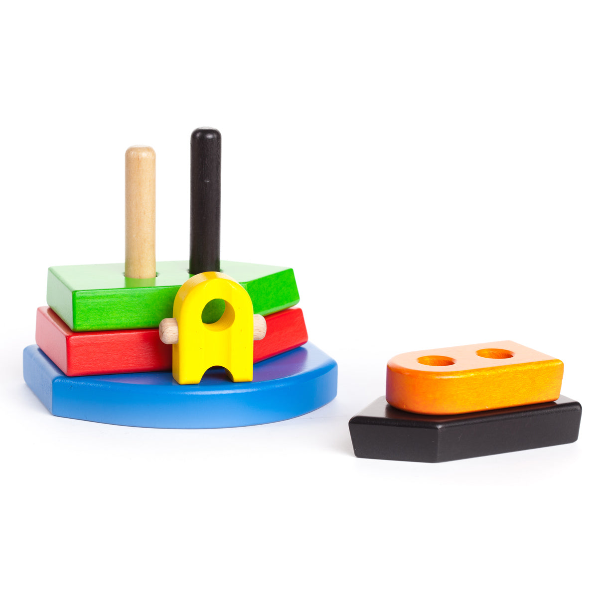 Pieces of the Bajo Nemo wooden shape sorting toy laid out on a white background