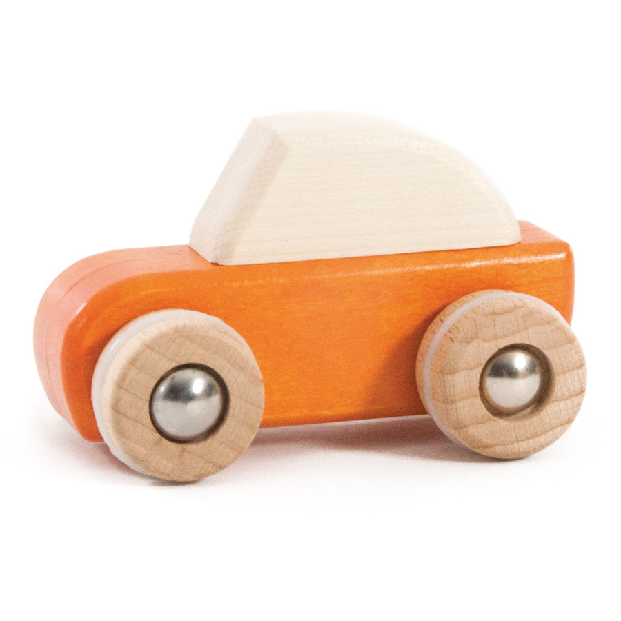 Bajo kids orange handmade wooden pull back car toy on a white background